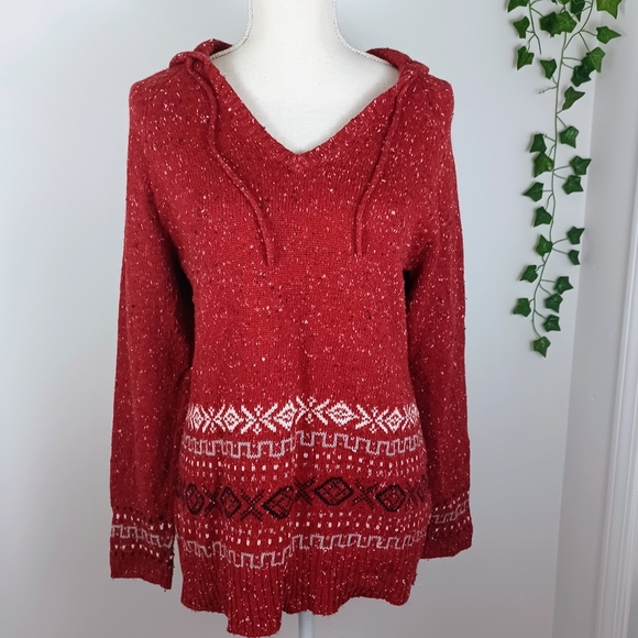 Gitano Holiday Knit Sweater Medium Red V-Neck W/ Hood -Long Sleeve -Drawstring - Picture 13 of 14